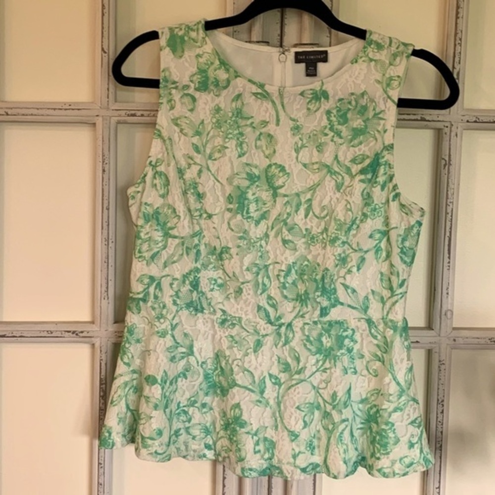 THE Limited, Sleeveless Peplum Lace Top, Size PM, Green & Ivory